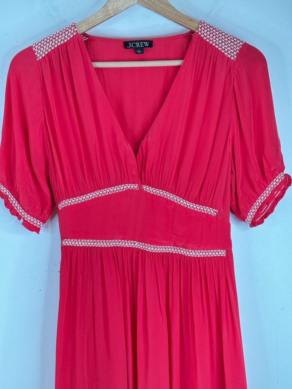 J.Crew Smocked Midi Dress 8 Crepe de Chine Red Peasant Prairie Milkmaid Preppy - Picture 5 of 13